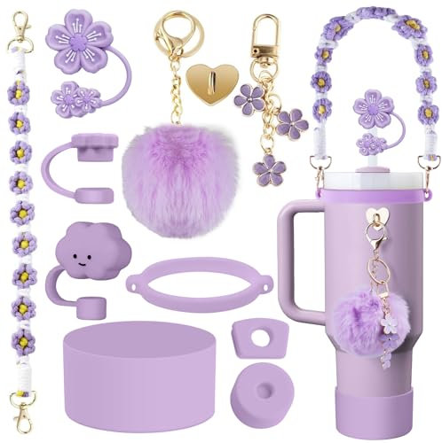 Stanley Cup Accessoires Violets, 11 Pièces Accessoire Stanley Cup Anti Fuite Compatible avec Stanley Cup 1,2l & 850ml, Couvercles de Paille pour Tasse Stanley, Bande Antidérapante pour Bouteille d'Eau