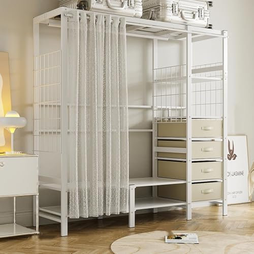 KhUkhu Kleiderständer, Kleiderschrank mit Vorhang zum Aufhängen von Kleidung, robuster Kleiderständer, großes Schranksystem, begehbarer Kleiderschrank für Schlafzimmer,150x50x170cm