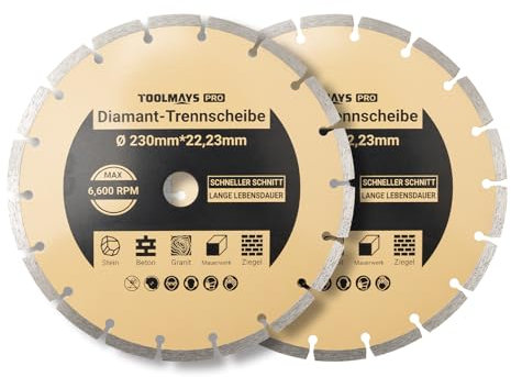TOOLMAYS Diamanttrennscheiben Set 2x 230mm, universal Trennscheibe für Stein, Beton, Granit, Mauerwerk, Ziegel, Stahlbeton, Bohrung 22,23 mm