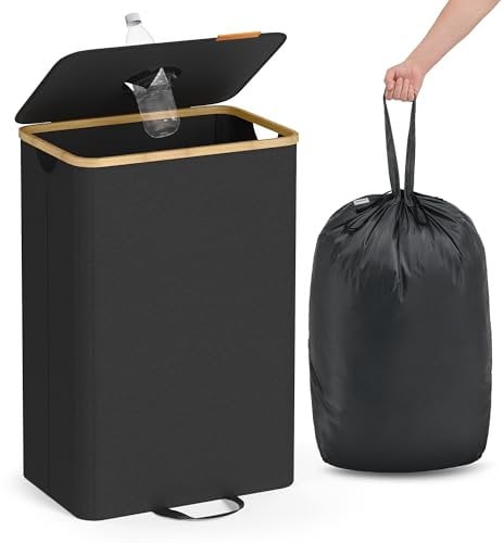 SONGMICS Pfandflaschen-Sammelbehälter, 95 L Pfandflaschen-Behälter, Flaschensammler Leergut, Recycling-Behälter, mit Loch, Deckel, Innensack mit Griffen, Küche, tintenschwarz-naturbeige RRB509B01