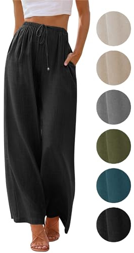 Puimentiua Sommerhose Damen Leicht,Sommer Leinenhosen,Palazzo Hose,Wide Leg Pants,Elegant Stoffhose,Luftig Sommerhosen,Lockere Hosen mit Weite Bein und Tunnelzug,Women Leinen (Schwarz,XL)