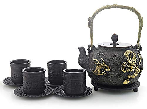 Service à thé japonais traditionnel en fonte avec théière en fonte Motif dragon doré