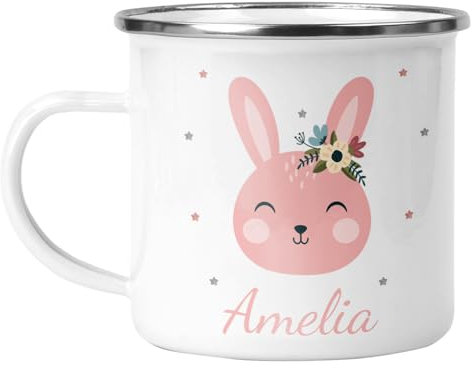 Personalised Enamel Easter Mug – Pink Bunny Name Cup – Custom Easter Gift for Kids & Adults – Cute Rabbit Design – 12oz Metal Camping Mug