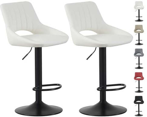 mcc direct Set of 2 Bar Stools, Height Adjustable Swivel Barstools, Counter Stools with Backrest, Faux Leather Seat, Footrest and Metal Base for Home, Kitchen and Restaurant (Cream) - Stacey