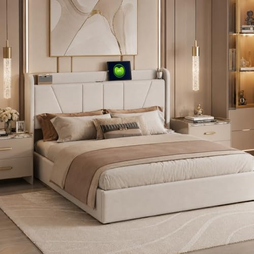 Doppelbett 140x200cm, Hydraulisch Stauraumbett Gepolstertes Bett, Polsterbett mit USB-Ladestation, Jugendbett Funktionsbett Bettgestell mit Lattenrost, Leinen, Ohne Matratze(Beige+Leinen, 140x200cm)