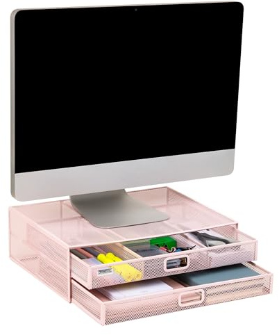 Mind Reader Mesh Monitor Stand with Storage Drawer, Ventilated Laptop Riser and Desktop Organizer, Office, Metal Mesh, Pink