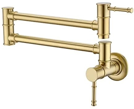 Wall Mounted Brass Pot Filler Faucet Double Joint Swing Arm Single Hole Brushed Gold Handles 360 Degrees Swivel Joints Easy