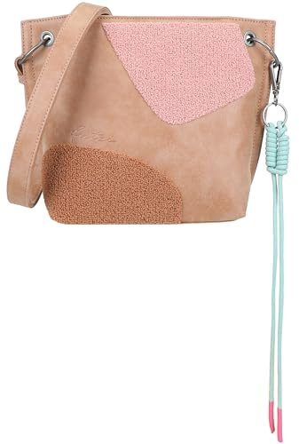 Fritzi aus Preussen Fritzi03 Limited Happy Flocked Umhängetasche Kunstleder Damen Crossbody Handtasche Festival City vegan Flock-Smile Karabiner 22,5 x 20,5 x 8,5 cm – Braun, Pink, Grün, Beige