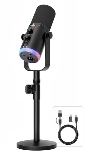 Podcast Microphone,USB/XLR Dynamic Mic,RGB Light,Mute‑Button,Stand,TX2