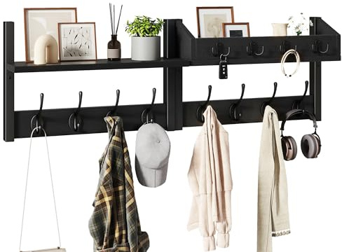 YMYNY Wandgarderobe Holz 4-in-1 mit Ablage, Schwarz HWS007B-2 | Garderobenleiste Holz mit Ablage, 12 Haken. Ideal für Wandmontage. Garderobenhaken & Garderobe Wand für Flur & Diele