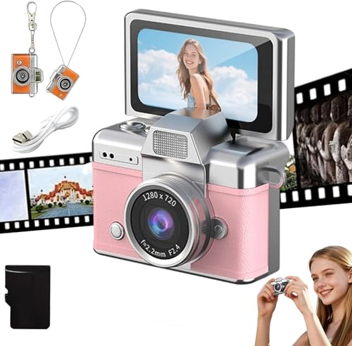 2026 New Mini Digital Camera with 1.47 in Lcd Screen, Photo Creator Mini Cam Digital Camera with Built-In Flash & Flip Display, 1080P CCD Retro Camera for Travel Study Concert Daily (Pink)
