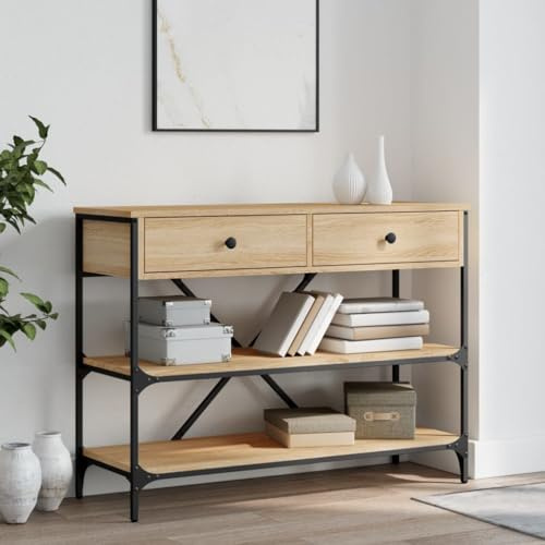 sephironlbb Table console en chêne Sonoma avec 2 tiroirs, 2 étagères, 100 cm de large, structure en acier solide, table d'appoint étroite pour salon, couloir