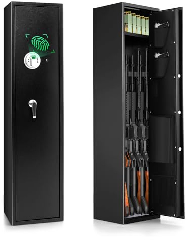 COSTWAY Cassaforte per 5 Fucili e Pistole Domestiche | Armadio per Armi Lunghe Pesante con Serratura Biometrica Impronta Digitale, Tastierino Digitale e Chiavi Emergenza