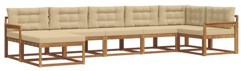 vidaXL Outdoor-Sofagarnitur mit Kissen 7 pcs Natur und Beige, Modernes Akazienholz Outdoor-Sofaset, langlebige Gartenmöbel, Flexible Anordnung für die Terrasse, Bequeme Lounge im Hinterhof