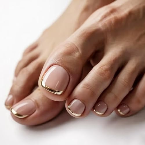 Ceboic 24Pcs Faux Ongles D'orteil Court Carré, Rose Nude Gel Faux Ongles Pieds, Dorée French Capsule Ongle Pied, Été Acrylique Réutilisable Ongles d'orteils à coller pour Femmes Filles Manucure DIY
