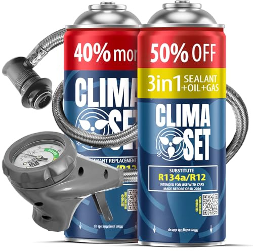 CLIMASET - Klimaanlage Auto Befüllen - Klima Auffüllen Auto Set - Gas & Öl R134a + 3in1 R134a + Schlauch - für Fahrzeuge 1994–2016, mit Modernem Schlauch & Manometer, Einfaches Nachfüllen
