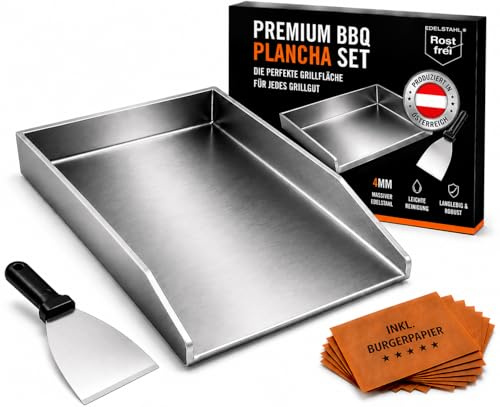 Plancha Grillplatte 30x40 cm mit Fettablauf – 4 mm Edelstahl 304 für perfekte Smash Burger, Steak & Gemüse – Massive BBQ Grillplatte für Gasgrill, Kugelgrill & Feuerplatte inkl. Grillspachtel