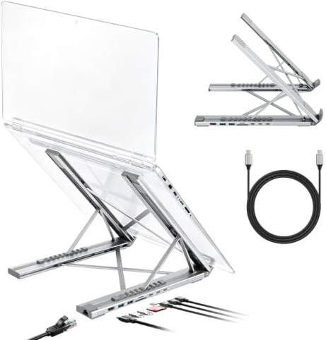 Laptop Stand with Docking Station 8-1, Laptop Stand Folding for Desk | with Gigabit Ethernet/ USB C/HDMI 4K /USB 3.0/SD/100W PD,Adjustable Height/Angle, Compatible with MacBook Pro,with iPad Pro