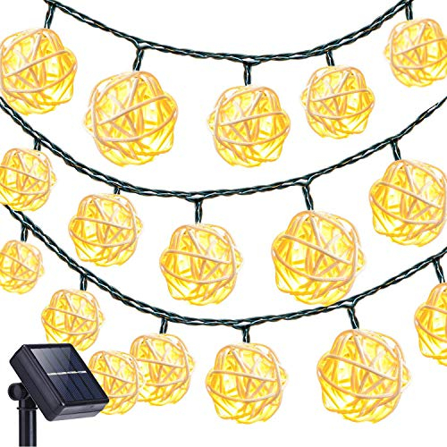 KINGCOO Solar Laternen Lichterkette Außen, 20LED Rattan Solar Kugeln Lampions Schnur Licht für Garten Party Hochzeit Weihnachtenbeleuchtung Dekoration (Warmweiß-1)