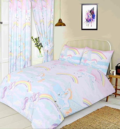 Double Bed Unicorns, Duvet/Quilt Cover Set BY MY HOME, Novelty Unicorns Rainbows Clouds Sky, White Pink Blue Yellow Orange Lilac Purple