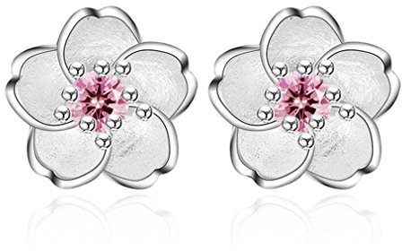 Ohrringe Damen Mädchen ohrstecker Silber 925er Sterling Mit Pink Kristall Sakura Blumen Edel Klein Studs Spike Ohrschmuck Hypoallergen für Frauen Freundin