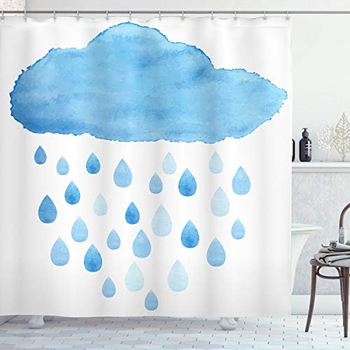ABAKUHAUS Weiss Blau Duschvorhang, Regen-Tropfen und Wolken, Stoffliches Gewebe Badezimmerdekorationsset mit Haken, 175 x 180 cm, Weiss Blau