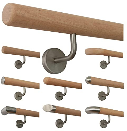 TIBU Holz Handlauf Buche unbehandelt Geländer Wandhandlauf Wand Treppe 30-500cm, Länge 500 mit 6 Halter Radius gefräst