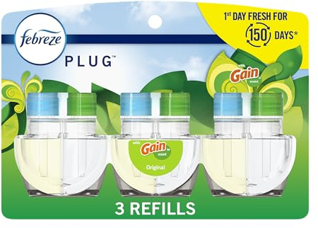 Febreze Plug-In Air Freshener, Odor-Fighting Scented Oil Refill, Air Fresheners for Home, Bathroom and Kitchen, Long Lasting, Gain Original Scent, 0.87oz Refills, Blue and Green, 3 Count
