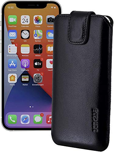Suncase ECHT Ledertasche Leder Etui kompatibel mit iPhone 12 (6.1) Hülle (mit Rückzugsfunktion und Magnetverschluss) schwarz