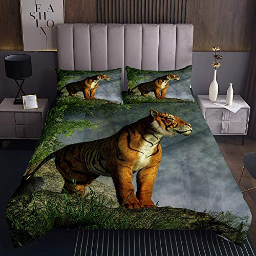 Tiger Tagesdecke 170x210cm Wildtier Themenmuster Steppdecke 3D Tierwelt Stil Bettüberwurf für Kinder Erwachsene Naturthema Wohndecke Ultra weich Raumdekoration