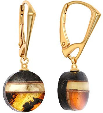ANDANTE Premium Collection - Master of Zen - Echte Natur OSTSEE Bernstein Ohrringe, reines 23 Karat Gold, 925 Sterling Silber und Schwarze Eiche ** Kleopatra ** Zertifiziert - Gold des Meeres