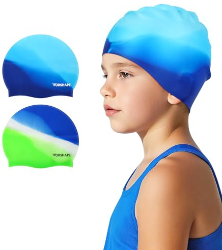 Vorshape Swim Cap Kids (2 Pack), Durable Waterproof Swimming Cap for Girls Boys Teens Toddler Aged 3-8, Comfortable Fit Toddler Swim Cap for Long Hair, Silicone Swim Caps for Kids, Blue & Blue-Green