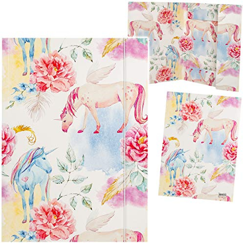 alles-meine.de GmbH XXL 2 Stück A3 - Zeichenmappen/Sammelmappen Motivwahl Einhorn & Blumen - Ordner - 44 cm - Mappen für Hefte Zeitschriften Zeichnungen - Gummizugmappe..