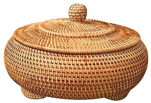 KODENG Cajas redondas de ratán con tapa, Cajas Almacenaje Organizadoras, Bandeja de mimbre multiusos tejida a mano, Cesta de almacenamiento de 28 x 13 cm