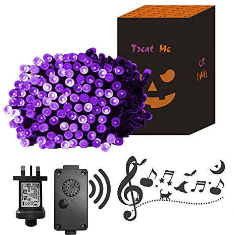 Eambrite Halloween Lights 20m 200 LED Purple Fairy Lights Plug in with Horror Halloween Music Sync Waterproof Outdoor String Lights Decorations for Garden Home Haunted House Décor- Black Cable