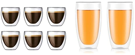 Bodum - 4557-10-12 - Pavina - Coffret de 6 Verres Double Paroi - 0.08 l & (4560-10) Lot de 2 Verres à double paroi, Transparent, 45 cl