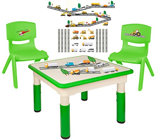 alles-meine.de GmbH Sitzgruppe für Kinder - Tisch + 2 Kinderstühle - Größen & Motiv & Farbwahl - Auto & Fahrzeuge Baustelle/grün - höhenverstellbar - 1 bis 8 Jahre - Plastik - ..