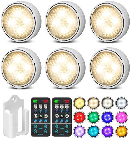TECOMLIGHT Puck Lights with Remote Control, Battery Operated Wireless Under Cabinet Lighting, Stick on Tap Push Lights for Kitchen, Shelf, 6 Pack - White