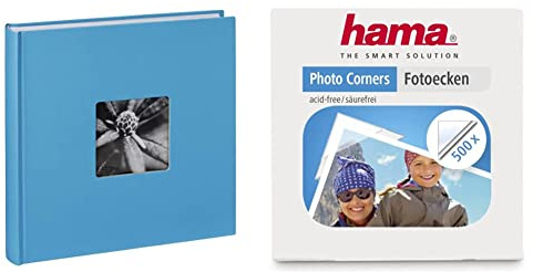 Hama Fotoalbum Jumbo 30x30 cm, hellblau & Fotoecken 500 Stück (Foto Klebepads selbstklebend, Fotokleber Ecken geeignet für Fotoalbum und Scrapbook zum Einkleben), transparent