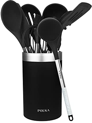 Cecotec Ustensiles De Cuisine En Silicone Polka Exclusive Wood&Rock. Set de 9 pièces Noir, Enduit Soft Touch et Manche en acier. Matériaux : Silicone, Nylon et PP, Avec support Polka