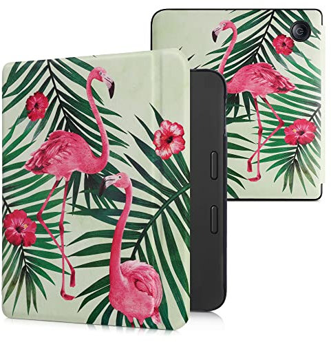kwmobile Custodia eReader Compatibile con Tolino Vision 6 Cover - eBook Reader Flip Case - rosa/verde/verde chiaro - Fenicottero tra le palme