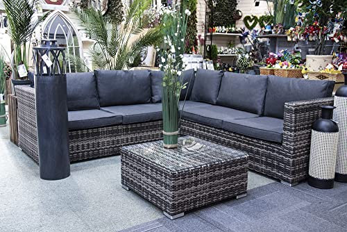 Signature Homes and Gardens SH&G Edgerton 5 Seater Corner Sofa Set | 2 Piece Table & Sofa | Brown Rattan with Grey Cushions | Indoor & Outdoor