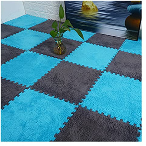 Lot de 20 Dalles De Moquette Imbriquées, Ensemble De Tapis De Sol Carrés en Mousse Pelucheuse, Puzzle Carré De Carreaux Moelleux Imbriqués avec Bordure,Blue+Grey