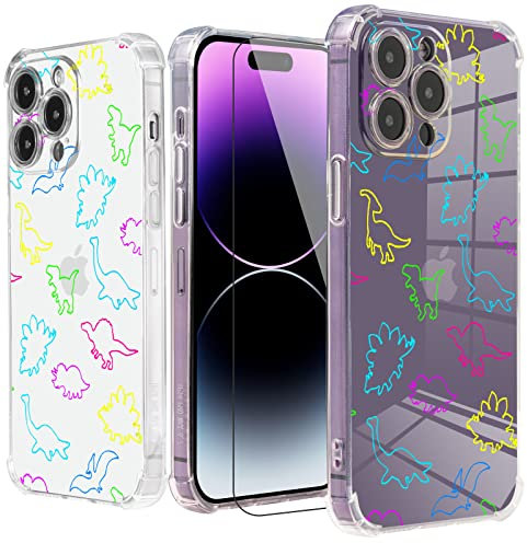 Roemary Dinosaurs Case for iPhone 14 Pro with Funny Dino Design,Rainbow Pattern with Screen Protector [Buffertech 6.6 ft Drop Impact] Soft TPU Protective Case for iPhone 14 Pro 6.1 inch