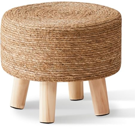 Cpintltr Foot Stool Natural Seagrass Hand Weave Poufs Round Ottoman for Couch Desk Soft Step Stool Padded Foot Rest with Non-Skid Pine Legs for Hallway Office Lounge Natural