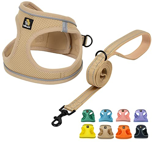 BELLA & PAL Hundegeschirr Kleine Hunde mit Leine, Step-in Geschirr aus Air Mesh, Anti Zug Reflektierend Atmungsaktiv Brustgeschirr, Welpengeschirr für Kleine Hunde, Katzengeschirr, Khaki, M