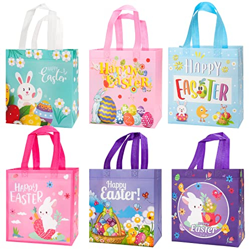 6 Stück Ostergeschenktüten mit Henkel, Wiederverwendbare Geschenktüte mit Hasen, Vliesstoff-Tragetaschen, Wasserdichte Ostertüte für Ostergeschenke, Ostertüten für Kinder Osterparty (22 x 23 x 11 cm)