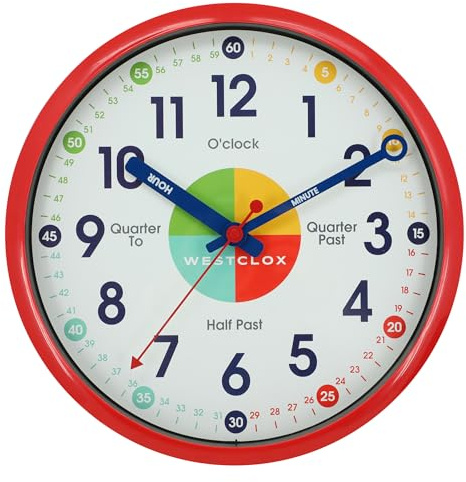 Westclox 12 Inch Time Teacher Wall Clock Fun Educational Dial Quiet Seconds Hand No Ticking Quartz Accuracy Glass Lens Analog Display Battery Powered Red Clock