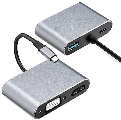 Tsemy Adaptateur multiport USB C vers VGA HDMI, ultra portable 4 en 1 USB Type-C Multiport 4K HDMI VGA Port Hub compatible avec MacBook Pro/Dell Xps/Samsung Galaxy (gris)
