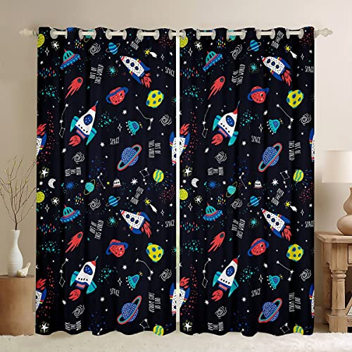 feelingyou Cartoon Out Space Fenster Vorhänge, Nette Rakete und Raumschiff Küchenfenster Behandlungen, Sterne Mond Galaxy Art Graffiti Fenster Vorhänge für Home Decor, 2 Panels, L Größe